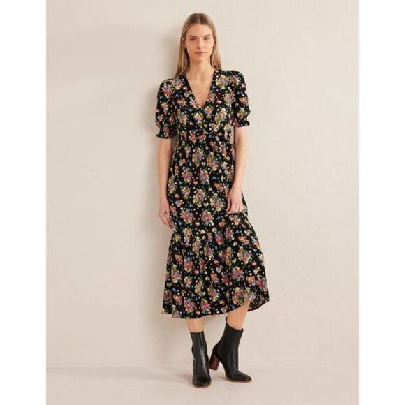 Boden Ruffle Detail Midi Tea Dress Black Wild Cluster Size 8R New With Tags - Picture 1 of 11